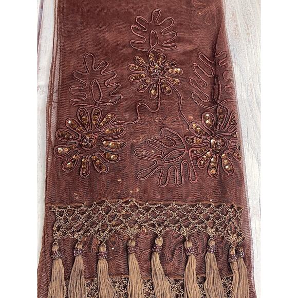 Vintage Rust Lace Mesh Scarf Embroidered Crochet Sequins FairyGrunge Whimsical - Picture 10 of 15
